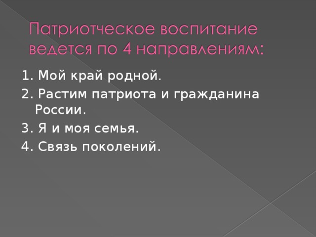 1. Мой край родной . 2. Растим патриота и гражданина России. 3. Я и моя семья. 4. Связь поколений.