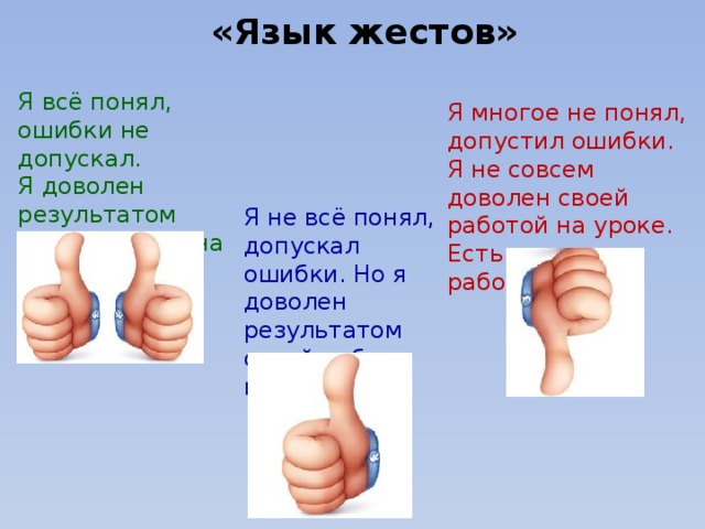 «Язык жестов» Я всё понял, ошибки не допускал. Я доволен результатом своей работы на уроке! Я многое не понял, допустил ошибки. Я не совсем доволен своей работой на уроке. Есть над чем работать. Я не всё понял, допускал ошибки. Но я доволен результатом своей работы на уроке!