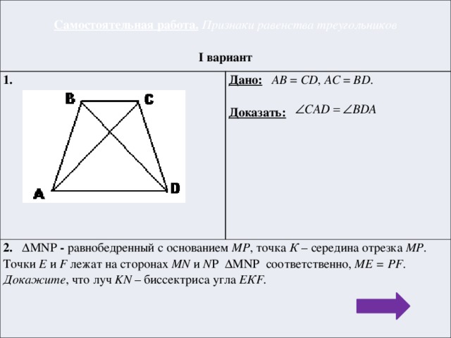 Самостоятельная работа.  Признаки равенства треугольников 1.  Дано:  AB = CD , АC = BD . 2. ΔMNP - равнобедренный с основанием MP , точка К – середина отрезка МР . Точки E и F лежат на сторонах MN и N P  ΔMNP  соответственно, МЕ = PF . I вариант  Докажите , что луч KN – биссектриса угла ЕКF. Доказать: