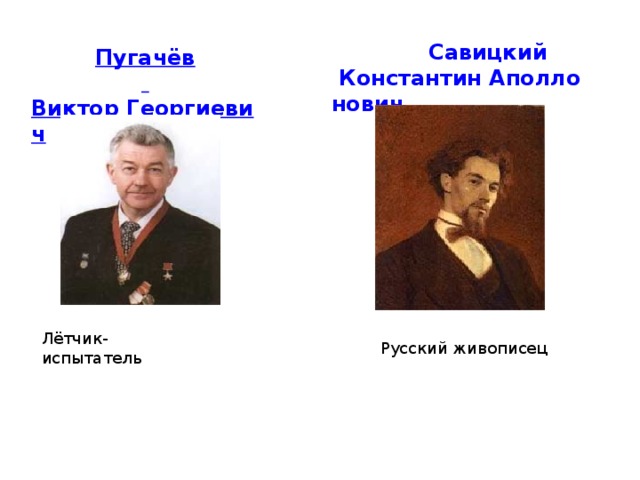 Савицкий Константин Аполлонович Пугачёв  Виктор Георгиевич Лётчик-испытатель Русский живописец