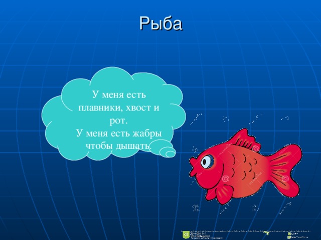 У меня есть плавники, хвост и рот. У меня есть жабры чтобы дышать . Рыба