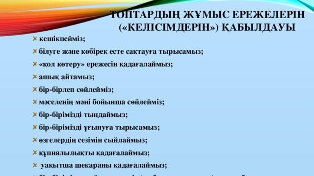 Топтардың жұмыс ережелерін («келісімдерін») қабылдауы