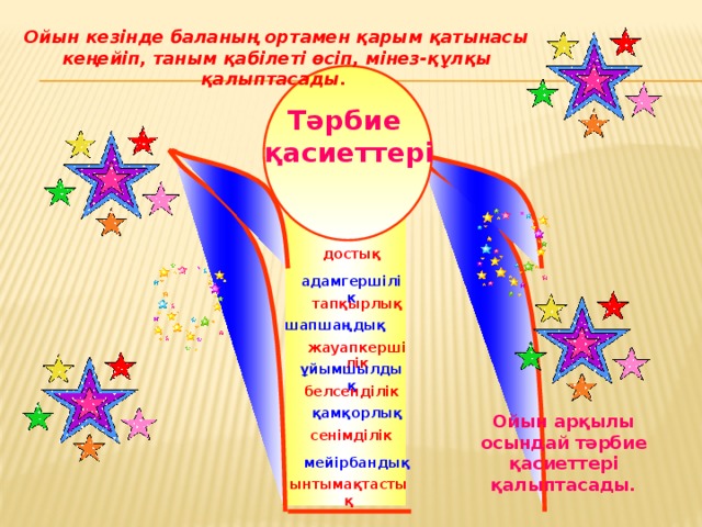 Ойын кезінде баланың ортамен қарым қатынасы кеңейіп, таным қабілеті өсіп, мінез-құлқы қалыптасады. Тәрбие қасиеттері достық адамгершілік тапқырлық шапшаңдық жауапкершілік ұйымшылдық белсенділік қамқорлық Ойын арқылы осындай тәрбие қасиеттері қалыптасады. сенімділік мейірбандық ынтымақтастық