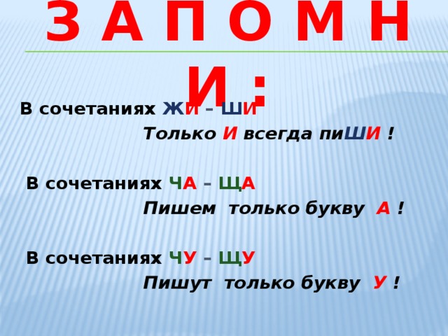 З А П О М Н И : В сочетаниях Ж И – Ш И  Только  И  всегда пи Ш И  !   В сочетаниях Ч А – Щ А  Пишем только букву А  !   В сочетаниях Ч У – Щ У  Пишут только букву У  !