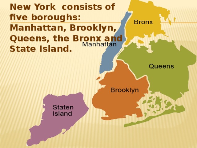 New York consists of five boroughs: Manhattan, Brooklyn, Queens, the Bronx and State Island.