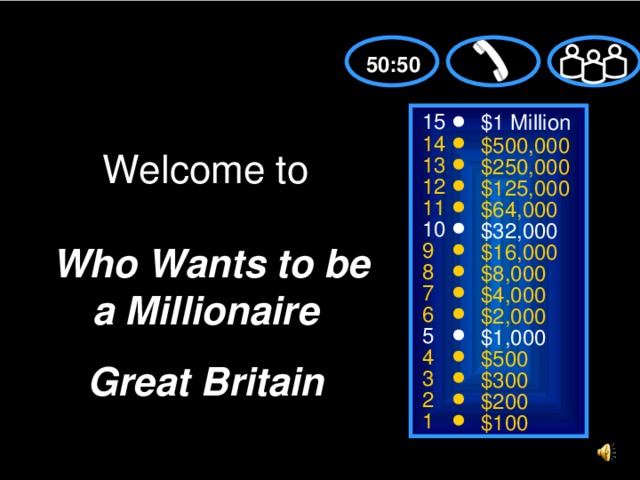 50:50 15 $1 Million 14 $500,000 Welcome to    Who Wants to be a Millionaire Great Britain 13 $250,000 12 $125,000 11 $64,000 10 $32,000 9 $16,000 8 $8,000 7 $4,000 6 $2,000 5 $1,000 4 $500 3 $300 2 $200 1 $100