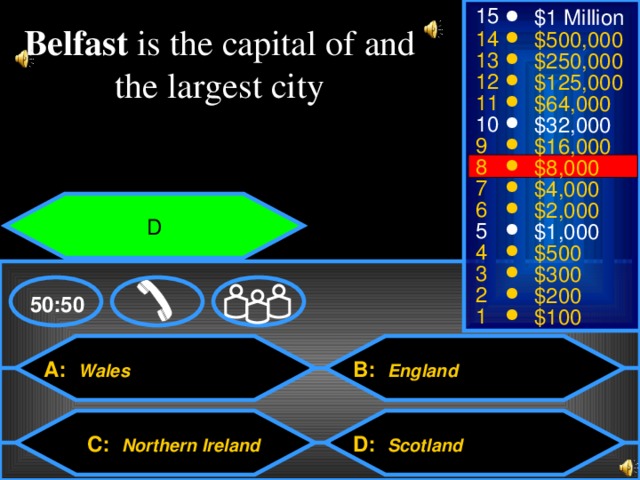 15 $1 Million Belfast is the capital of and the largest city 14 $500,000 13 $250,000 12 $125,000 11 $64,000 10 $32,000 9 $16,000 8 $8,000 7 $4,000 6 $2,000 D 5 $1,000 4 $500 3 $300 2 $200 50:50 1 $100 A: Wales B: England D: Scotland C: Northern Ireland