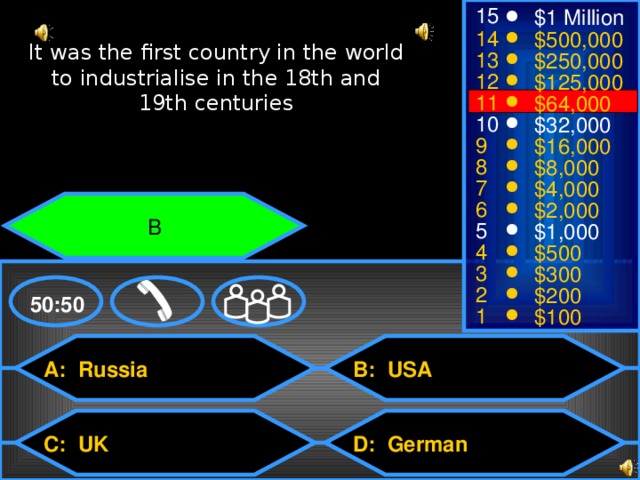 15 $1 Million 14 $500,000 It was the first country in the world to industrialise in the 18th and 19th centuries 13 $250,000 12 $125,000 11 $64,000 10 $32,000 9 $16,000 8 $8,000 7 $4,000 6 $2,000 B 5 $1,000 4 $500 3 $300 2 $200 50:50 1 $100 A: Russia B: USA D: German C: UK