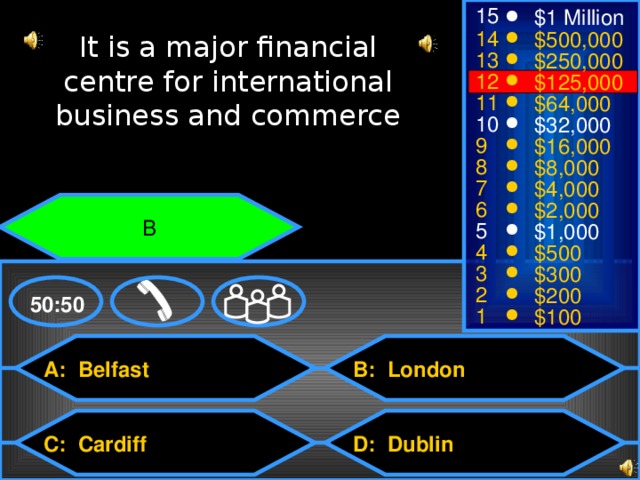 15 $1 Million 14 $500,000 It is a major financial centre for international business and commerce 13 $250,000 12 $125,000 11 $64,000 10 $32,000 9 $16,000 8 $8,000 7 $4,000 6 $2,000 B 5 $1,000 4 $500 3 $300 2 $200 50:50 1 $100 A: Belfast B: London D: Dublin C: Cardiff