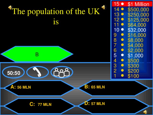 15 $1 Million The population of the UK is 14 $500,000 13 $250,000 12 $125,000 11 $64,000 10 $32,000 9 $16,000 8 $8,000 7 $4,000 6 $2,000 B 5 $1,000 4 $500 3 $300 2 $200 50:50 1 $100 B: 65 MLN A: 56 MLN D: 57 MLN C: 77 MLN