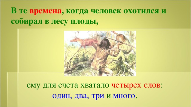 В те времена , когда человек охотился и собирал в лесу плоды, ему для счета хватало четырех слов : один, два, три и много .