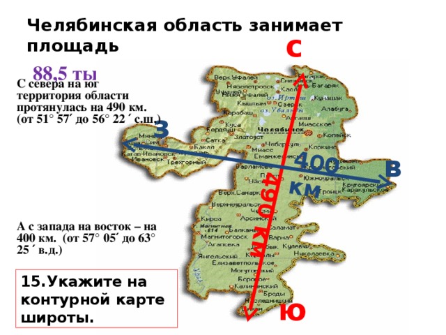 490 км 400 км Челябинская область занимает площадь  88,5 тыс. кв. км  с С севера на юг территория области протянулась на 490 км. (от 51 ° 57 ′ до 56 ° 22 ′ с.ш.)         А с запада на восток – на 400 км. (от 57 ° 05 ′ до 63 ° 25 ′ в.д.) з в 15.Укажите на контурной карте широты. ю