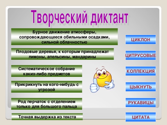 Бурное движение атмосферы, сопровождающееся обильными осадками, сильной облачностью ЦИКЛОН Плодовые деревья, к которым принадлежат лимоны, апельсины, мандарины ЦИТРУСОВЫЕ Систематическое собрание каких-либо предметов КОЛЛЕКЦИЯ Прикрикнуть на кого-нибудь с угрозой ЦЫКНУТЬ Род перчаток с отделением только для большого пальца РУКАВИЦЫ ЦИТАТА Точная выдержка из текста