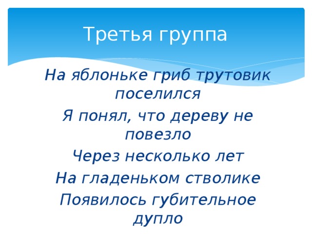 Третья группа На яблоньке гриб трутовик поселился Я понял, что дереву не повезло Через несколько лет На гладеньком стволике Появилось губительное дупло