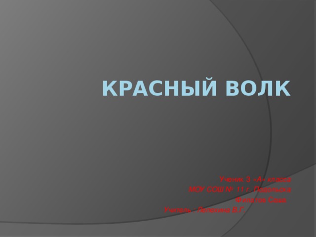 Красный Волк Ученик 3 «А» класса  МОУ СОШ № 11 г. Подольска  Филатов Саша Учитель : Лепехина В.Г.