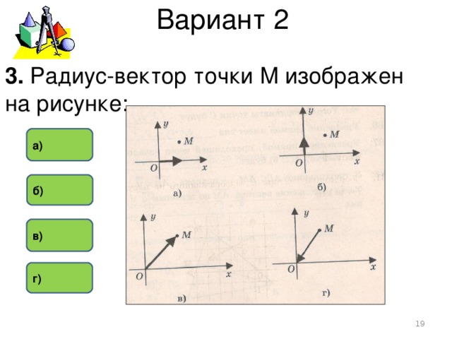 Вариант 2 3. Радиус-вектор точки М изображен на рисунке: а)  б) в) г)