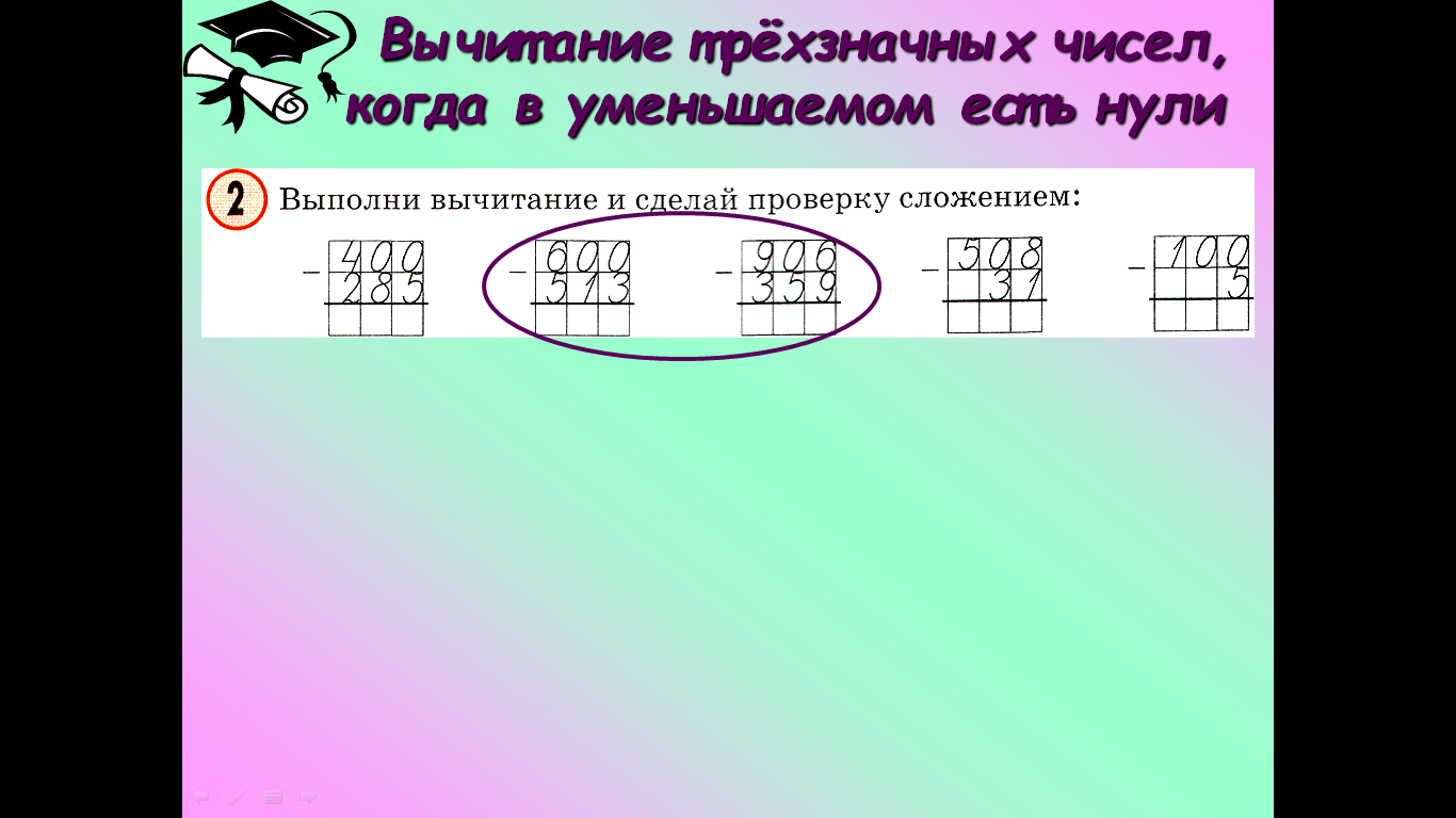 Алгоритм вычитания трехзначных чисел 3. Вычитание в столбик с нулями. Вычитание из круглого числа. Алгоритм вычитания из круглого числа. Вычитание из круглого трехзначного числа.