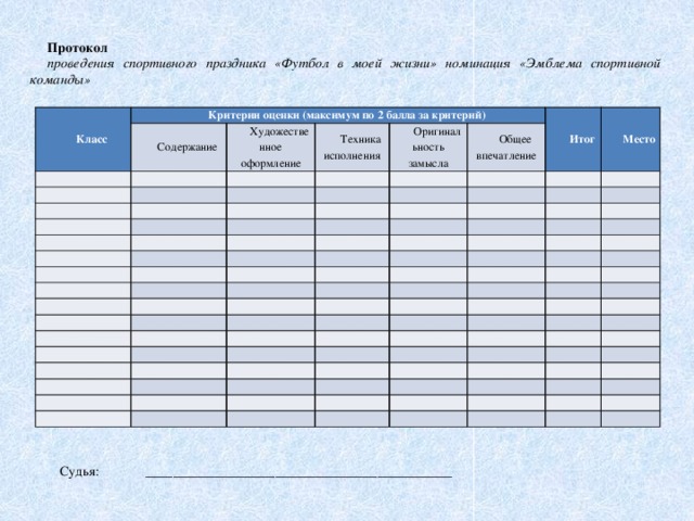 Протокол проведения спортивного праздника «Футбол в моей жизни» номинация «Эмблема спортивной команды» Класс Критерии оценки (максимум по 2 балла за критерий) Содержание   Художественное оформление     Техника исполнения       Оригинальность замысла         Общее впечатление Итог           Место                                                                                                                                                                                                                                   Судья: _____________________________________________
