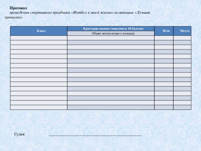 Протокол проведения спортивного праздника «Футбол в моей жизни» номинация «Лучшая кричалка» Класс Критерии оценки (максимум 10 баллов)   Итог Общее впечатление о команде     Место                                                                                                                           Судья: _______________________________________________