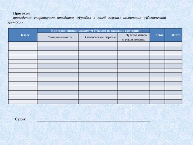 Протокол проведения спортивного праздника «Футбол в моей жизни» номинация «Комический футбол» Класс Критерии оценки (максимум 5 баллов по каждому критерию) Эмоциональность       Соответствие образам Итог     Чувство юмора игроков команды       Место                                                                                                                                                         Судья: _______________________________________________