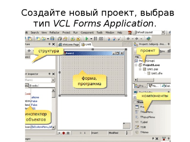   Создайте новый проект, выбрав тип VCL Forms Application .