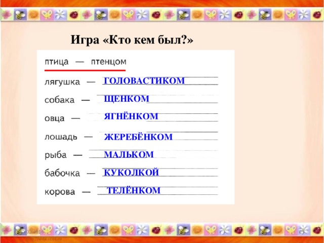 Игра «Кто кем был?» ГОЛОВАСТИКОМ ЩЕНКОМ ЯГНЁНКОМ ЖЕРЕБЁНКОМ МАЛЬКОМ КУКОЛКОЙ ТЕЛЁНКОМ