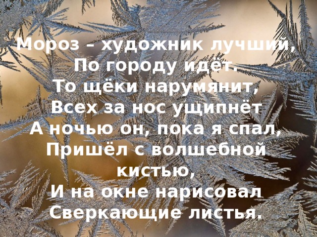 Мороз – художник лучший,  По городу идёт.  То щёки нарумянит,  Всех за нос ущипнёт  А ночью он, пока я спал,  Пришёл с волшебной кистью,  И на окне нарисовал  Сверкающие листья.