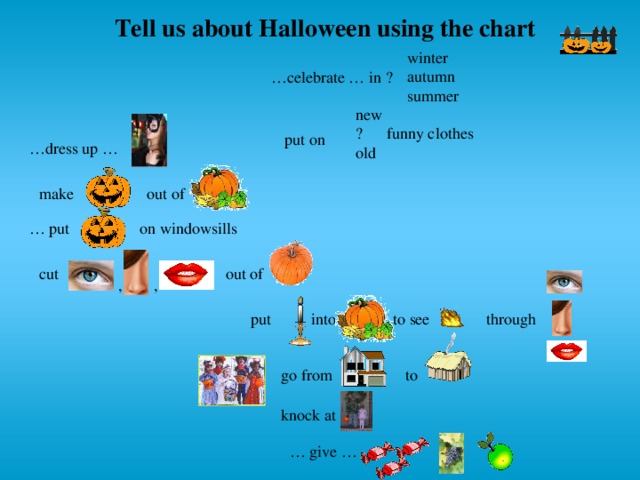 Tell us about Halloween using the chart winter autumn summer … celebrate … in ? new ? funny clothes old put on … dress up … make out of on windowsills … put cut out of , , into to see through put go from to knock at … give …