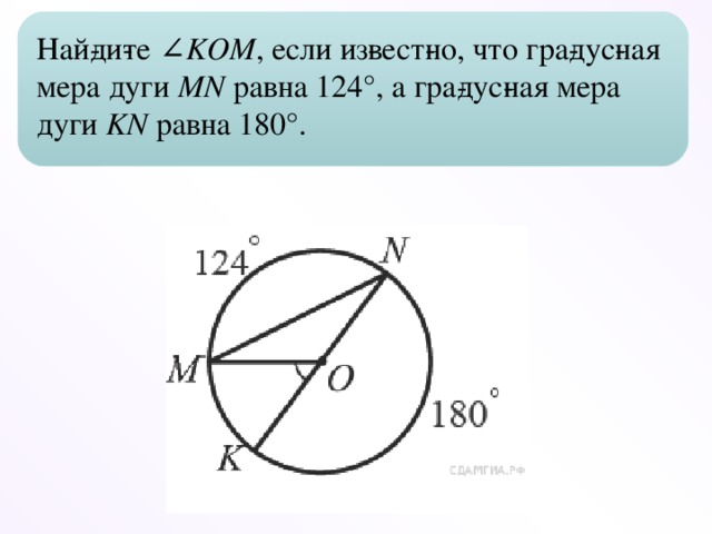 Най­ди­те ∠ KOM , если из­вест­но, что гра­дус­ная мера дуги  MN  равна 124°, а гра­дус­ная мера дуги  KN  равна 180°.