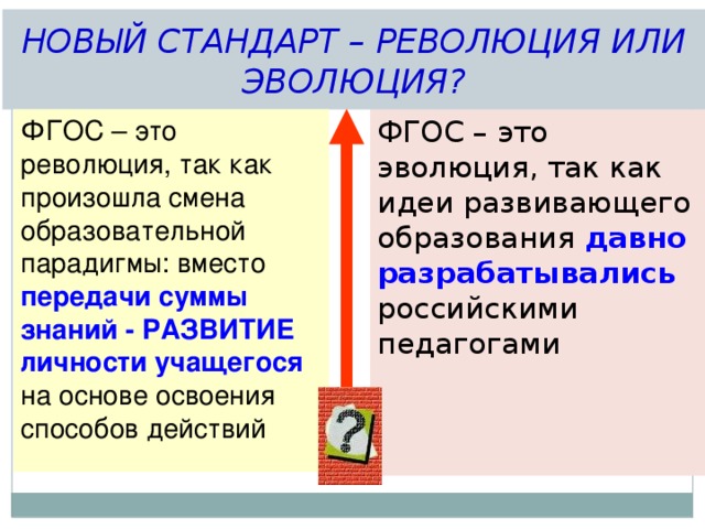 НОВЫЙ СТАНДАРТ – РЕВОЛЮЦИЯ ИЛИ ЭВОЛЮЦИЯ? ФГОС – это эволюция, так как идеи развивающего образования давно разрабатывались российскими педагогами ФГОС – это революция, так как произошла смена образовательной парадигмы: вместо передачи суммы знаний - РАЗВИТИЕ личности учащегося на основе освоения способов действий