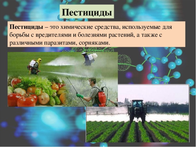 Пестициды Пестициды – это химические средства, используемые для борьбы с вредителями и болезнями растений, а также с различными паразитами, сорняками.