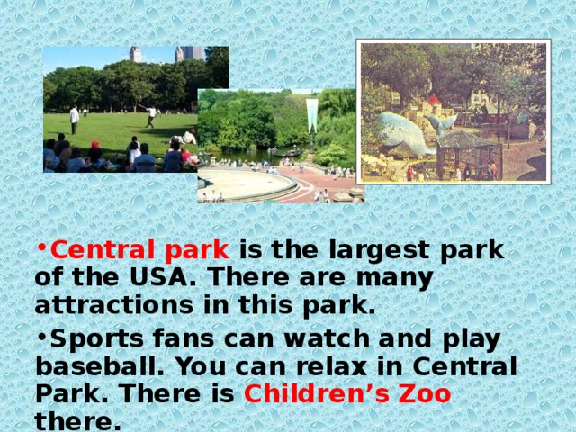 Central park is the largest park of the USA. There are many attractions in this park. Sports fans can watch and play baseball. You can relax in Central Park. There is Children’s Zoo there.