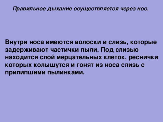 Правильное дыхание осуществляется через нос.   Внутри носа имеются волоски и слизь, которые задерживают частички пыли. Под слизью находится слой мерцательных клеток, реснички которых колышутся и гонят из носа слизь с прилипшими пылинками.