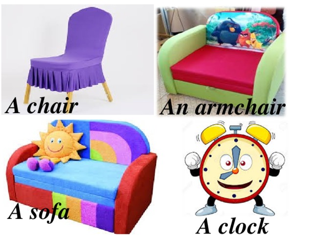 A chair An armchair A sofa A clock