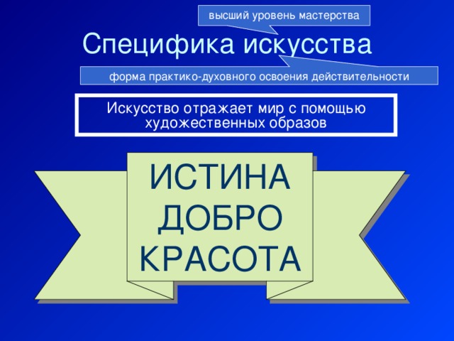 высший уровень мастерства Специфика искусства форма практико-духовного освоения действительности Искусство отражает мир с помощью художественных образов ИСТИНА ДОБРО КРАСОТА