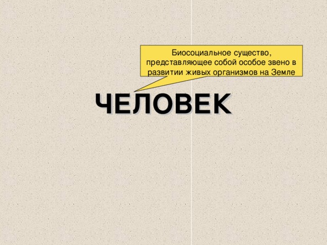 Биосоциальное существо, представляющее собой особое звено в развитии живых организмов на Земле ЧЕЛОВЕК