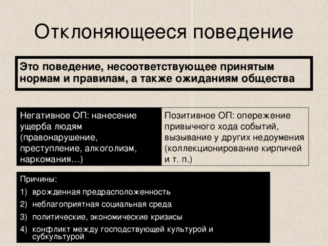 Отклоняющееся поведение Это поведение, несоответствующее принятым нормам и правилам, а также ожиданиям общества Негативное ОП: нанесение ущерба людям (правонарушение, преступление, алкоголизм, наркомания…) Позитивное ОП: опережение привычного хода событий, вызывание у других недоумения (коллекционирование кирпичей и т. п.) Причины: