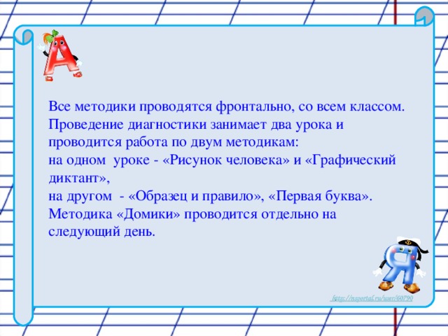 Все методики проводятся фронтально, со всем классом.  Проведение диагностики занимает два урока и проводится работа по двум методикам:  на одном уроке - «Рисунок человека» и «Графический диктант»,  на другом - «Образец и правило», «Первая буква».  Методика «Домики» проводится отдельно на следующий день.