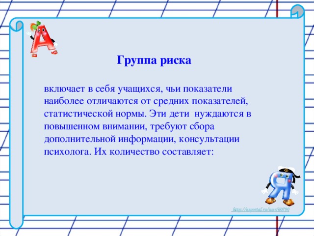 Группа риска  включает в себя учащихся, чьи показатели наиболее отличаются от средних показателей, статистической нормы. Эти дети нуждаются в повышенном внимании, требуют сбора дополнительной информации, консультации психолога. Их количество составляет: