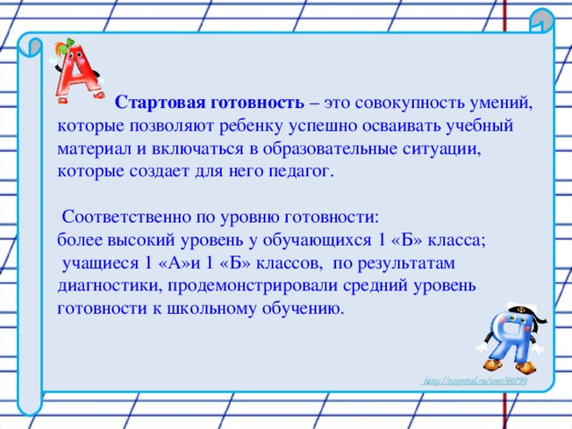 Стартовая готовность – это совокупность умений, которые позволяют ребенку успешно осваивать учебный материал и включаться в образовательные ситуации, которые создает для него педагог.  Соответственно по уровню готовности: более высокий уровень у обучающихся 1 «Б» класса;  учащиеся 1 «А»и 1 «Б» классов, по результатам диагностики, продемонстрировали средний уровень готовности к школьному обучению.