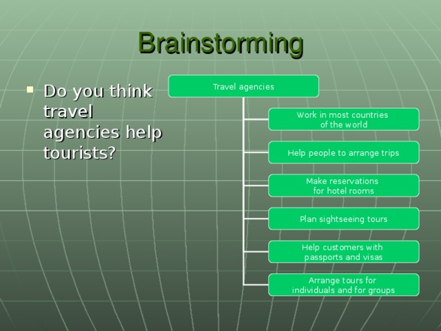 Brainstorming Travel agencies Do you think travel agencies help tourists? Work in most countries of the world Help people to arrange trips Make reservations for hotel rooms Plan sightseeing tours Help customers with passports and visas Arrange tours for individuals and for groups