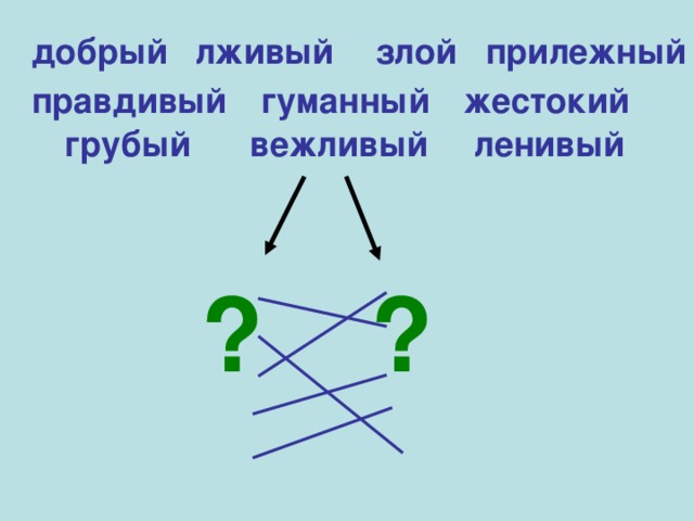 лживый добрый злой прилежный правдивый жестокий гуманный грубый вежливый ленивый ? ?