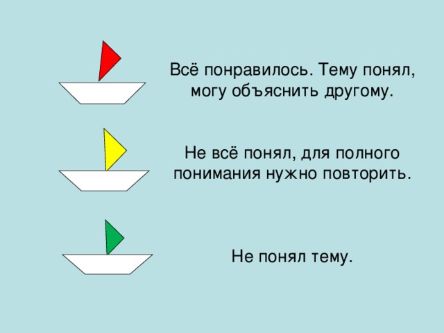 Всё понравилось. Тему понял, могу объяснить другому.    Не всё понял, для полного понимания нужно повторить.     Не понял тему.