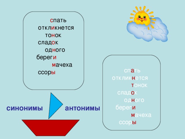 с пать  откл и кнется  то н ок  слад о к  од н ого  берег и   м ачеха  ссор ы  сп а ть  отклик н ется   т онок  слад о к  од н ого  берег и   м ачеха  ссор ы синонимы антонимы