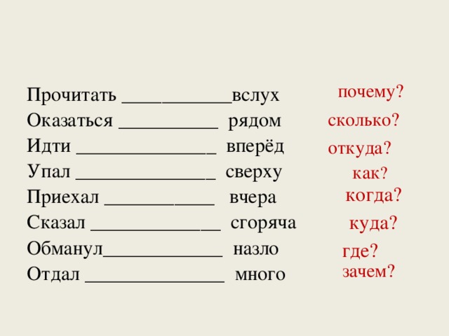 почему? Прочитать ___________вслух Оказаться __________ рядом Идти ______________ вперёд Упал ______________ сверху Приехал ___________ вчера Сказал _____________ сгоряча Обманул____________ назло Отдал ______________  много сколько? откуда? как ? когда? куда? где? зачем?