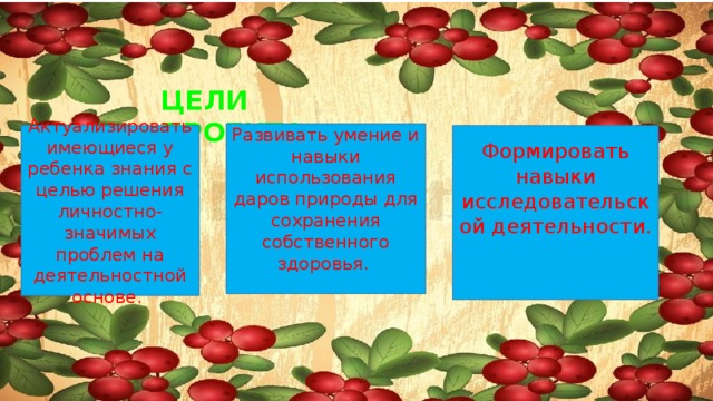 ЦЕЛИ ПРОЕКТА: Развивать умение и навыки использования даров природы для сохранения собственного здоровья.   Формировать навыки исследовательской деятельности.   Актуализировать имеющиеся у ребенка знания с целью реше­ния личностно-значимых проблем на деятельностной основе.