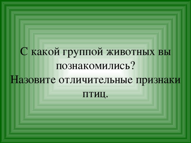 С какой группой животных вы познакомились?  Назовите отличительные признаки птиц.