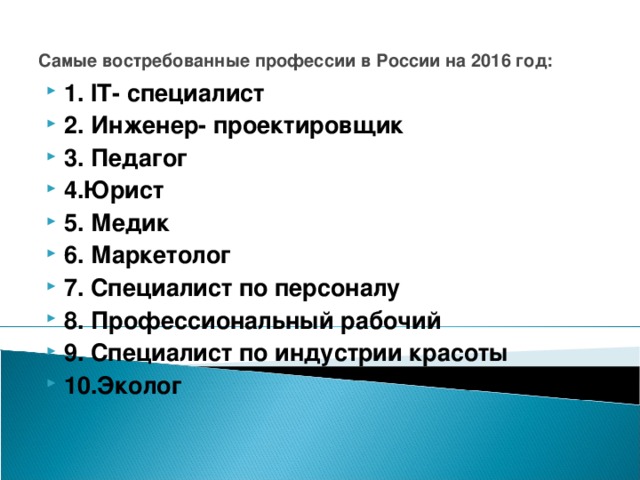 Самые востребованные профессии в России на 2016 год: