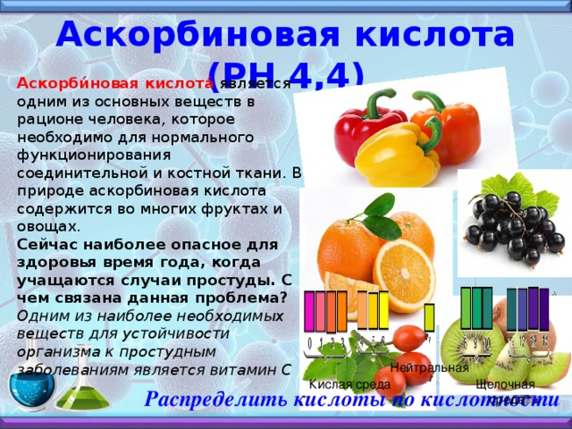 Аскорбиновая кислота (РН 4,4) Аскорби́новая кислота́ является одним из основных веществ в рационе человека, которое необходимо для нормального функционирования соединительной и костной ткани. В природе аскорбиновая кислота содержится во многих фруктах и овощах. Сейчас наиболее опасное для здоровья время года, когда учащаются случаи простуды. С чем связана данная проблема? Одним из наиболее необходимых веществ для устойчивости организма к простудным заболеваниям является витамин С Нейтральная  Щелочная среда Кислая среда Распределить кислоты по кислотности