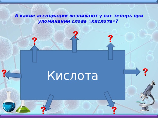 А какие ассоциации возникают у вас теперь при упоминании слова «кислота»?  Кислота